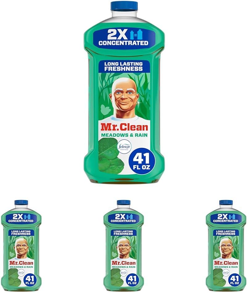 Mr. Clean All Purpose Cleaner, Floor Cleaner for Mopping Home, Bathroom, & Kitchen, Cleaning Liquid for Mop & Bucket, Cleaning Supplies, Multi-Surface Dilutable, Meadows & Rain, 41oz (Pack of 4)