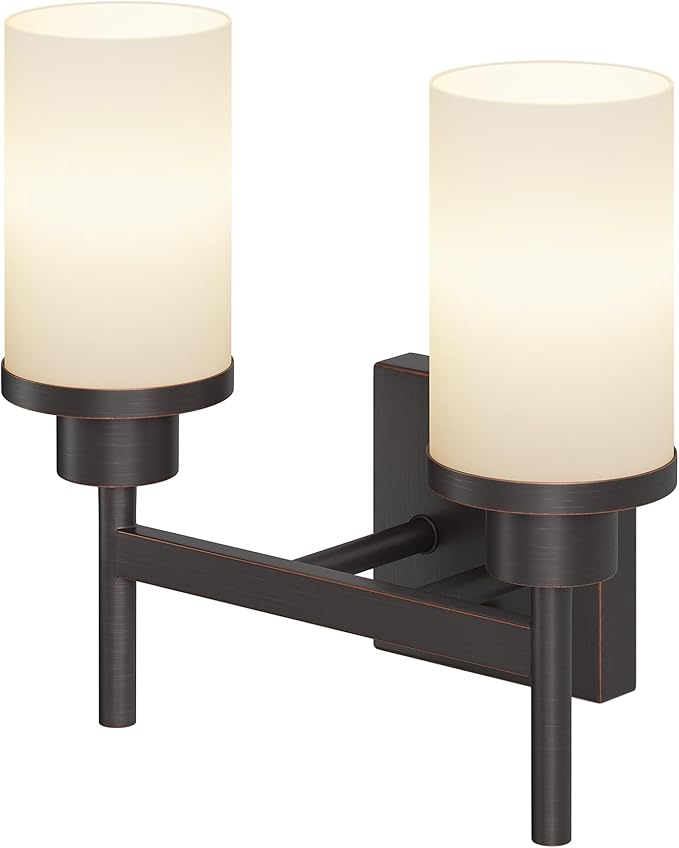Wall Lights Over Mirror Bathroom Vanity Light Fixtures with White Frosted Glass, Double Wall Sconces for Hallway Entrance, Oil Rubbed Bronze T001ORB-L2