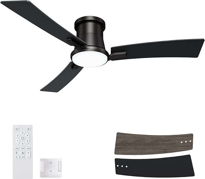 52 Inch Ceiling Fans Black Lights and Remote,White Low Profile Ceiling Fan with Light,Flush Mount,Reversible,6 Speeds,3CCT Dimmable,for Bedroom,Living Room,Indoor Patio