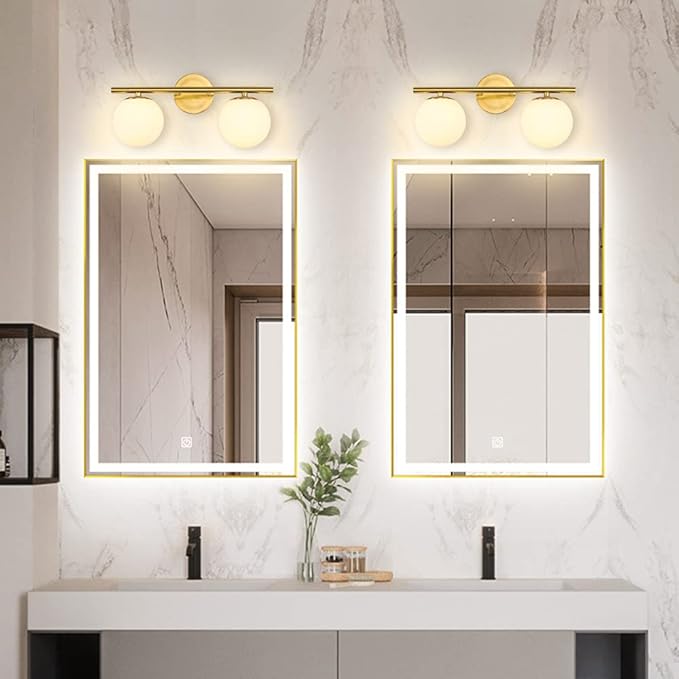 New Bathroom Vanity Light Fixtures 2 Lights Brushed Brass Milk White Globe Glass Shade Modern Wall Bar Sconce Over Mirror (Exclude Bulb