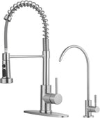 Kitchen Faucet and Water Filter Faucet: Stainless Steel Kitchen Sink Faucet with Drinking Water Faucet - Brushed Nickel Single Handle Tap with Pull Down Sprayer for Kitchen Sink Farmhouse Bar
