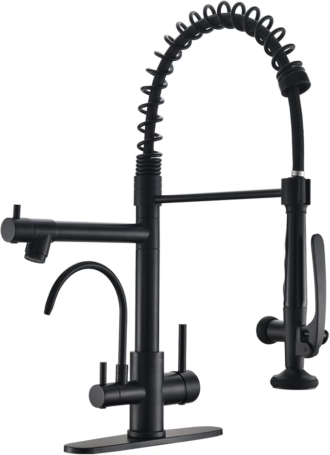 Fapully Commercial Kitchen Faucet with Pull Down Sprayer and Water Filter, Matte Black 3 in 1 Kitchen Faucets with Drinking Water Faucet