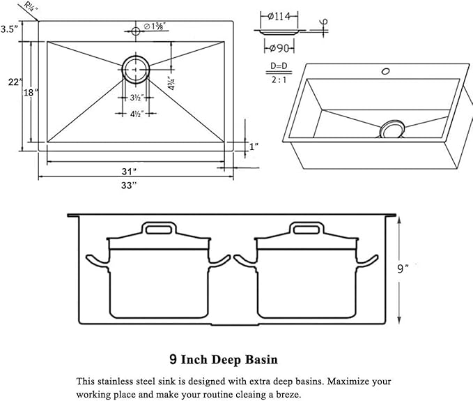 SHACO 33x22 Inch Drop In Kitchen Sink, 33 Inch All In One SUS304 Stainless Steel Top Mount Single Bowl Overmount Double Ledges Workstation Sink with Accessories, Brushed Nickel