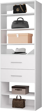 ROOMTEC Modular Closet System, 25.5" 2 Drawer Shelf Closet Tower Wall-Mounted Closet Organizer, Wooden Tower for Walk-In Closets, Wardrobe Storage Kit, White