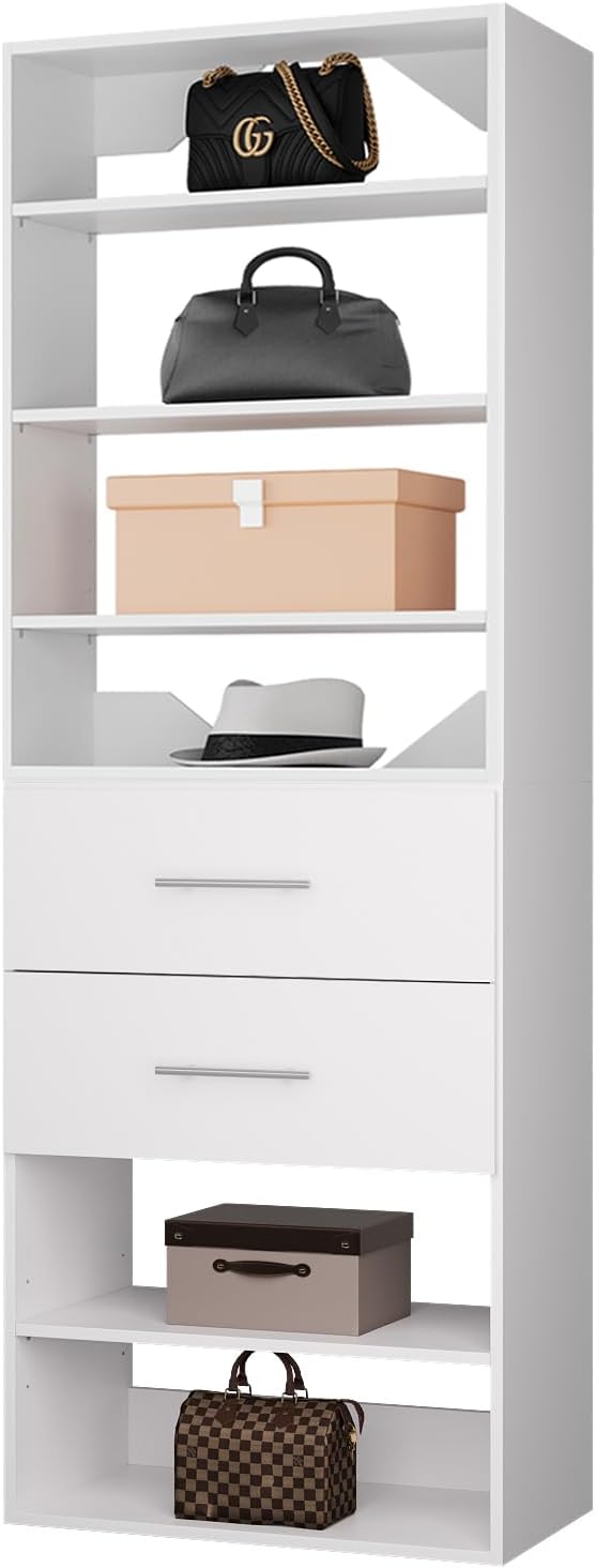 ROOMTEC Modular Closet System, 19.5" 2 Drawer Shelf Closet Tower Wall-Mounted Closet Organizer, Wooden Tower for Walk-In Closets, Wardrobe Storage Kit, White