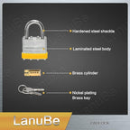 LanuBe Lock Laminated keyed Padlock (1-9/16", 40mm), keyed Alike Locks, Normal Shackle,Marked Yellow Plastic Hoop, Pack of 12