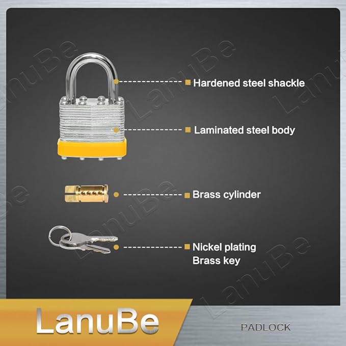 LanuBe Lock Laminated keyed Padlock (1-9/16", 40mm), keyed Alike Locks, Normal Shackle,Marked Yellow Plastic Hoop, Pack of 48