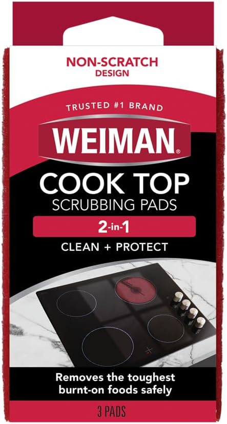 Weiman Cooktop Scrubbing Pads, 3 Count Scratch-Free Cleaning Pads for Cermaic, Glass Cooktop Surfaces, Removes Tough Burned-On Food & Residue