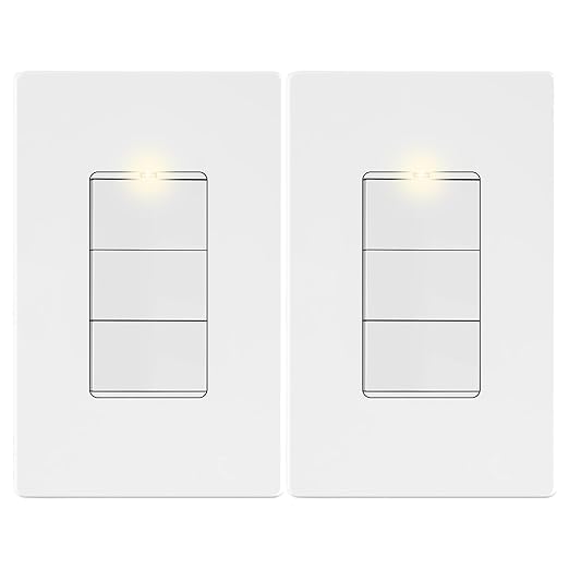 LIDER Matte Finish Lighted Triple Switch with Screwless Wall Plate, Combination Frameless Decorator Switch with Locator Light, Ground Terminal Single Pole, 15A 120V, UL Listed, White, 2 Pack