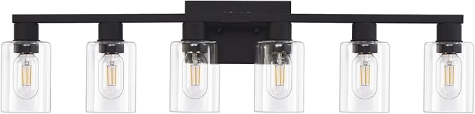 Black Bathroom Light Fixtures, 6-Light Bathroom Lighting Fixtures Over Mirror with Clear Glass Shade, Matte Black Vanity Lights, 6 Light Count Large Vanity Light Fixture for Bath, Mirror,Wall Sconce