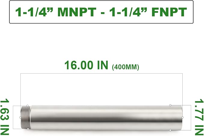 TAISHER 1PCS Stainless Steel Pipe Fittings, 1-1/4" NPT Male x 1-1/4" NPT Female Threaded, 16" Length Nipple Cast Pipe