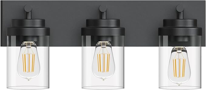 Bathroom Vanity Light Fixture with Clear Glass Shade, 3-Light Matte Black Bathroom Light Fixtures Over Mirror, Modern Vanity Lighting Fixtures for Bathroom/Living Room/Bedroom, E26 lamp Holder