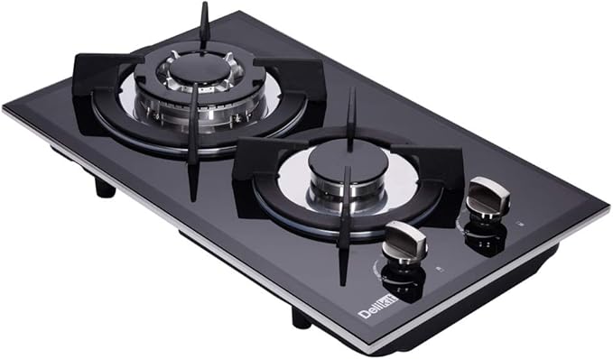 12 Inch Dual Fuel Gas Cooktop - Sealed 2 Burners, Tempered Glass, Drop-in Gas Hob DK123-A01S, Black