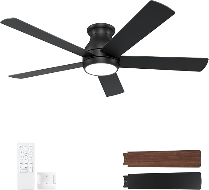 52 Inch Black Ceiling Fans with Lights and Remote, LED Low Profile Flush Mount Ceiling Fan for Bedroom, Living Room, with Quiet DC Motor, Dimmable 6 Speeds