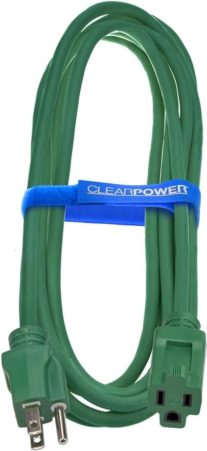 Clear Power Outdoor Extension Cord - 15 FT, Green | Lawn & Garden, 16/3 SJTW, Water & Weather Resistant, Flame Retardant, 3 Prong Grounded Plug, Perfect for Christmas and Holiday (CP10198)