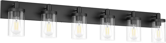 Aipsun 48in Vanity Light Black Bathroom Vanity Lighting Fixtures 6 Light Bathroom Light Fixtures with Clear Glass Shade(Exclude Bulb)