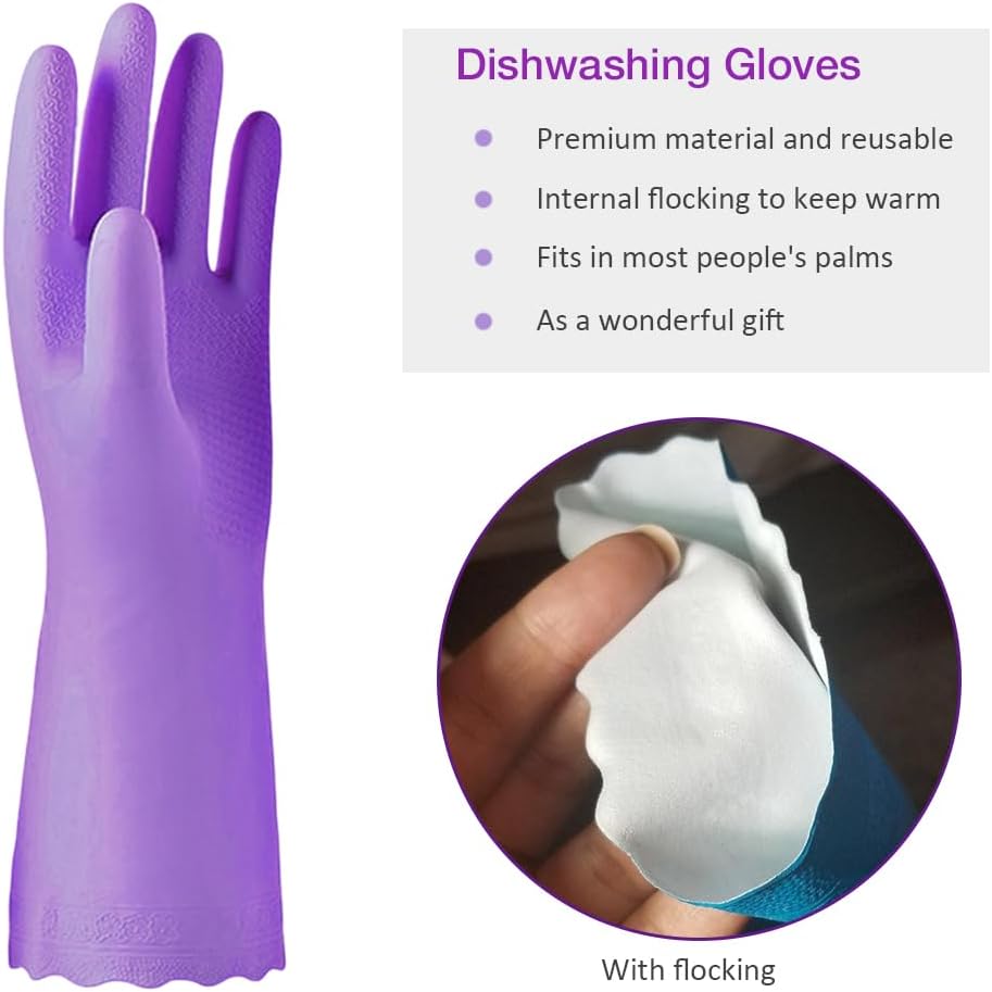 Alimat PluS 4PCS Reusable Cleaning Gloves Latex Free, Dishwashing Gloves with Cotton Flock Liner and Embossed Palm, Waterproof Household Rubber Gloves for Laundry, Gardening(Large, Blue+Purple)