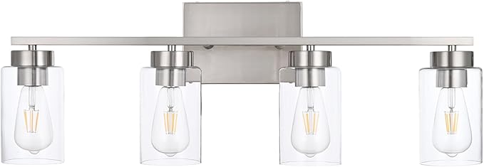 4 Light Bathroom Vanity Light Fixtures, Brush Nickel Modern Wall Lights with Clear Glass Shade, Vintage Wall Sconce Lighting for Living Room, Mirror, Bedroom, Hallway (Nickel, 4-Lights)