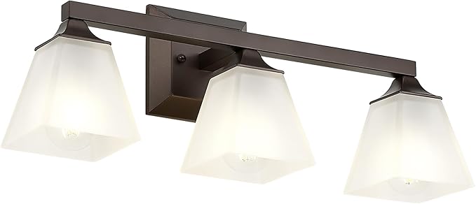 Bathroom Lighting Fixtures, HWH 3-Light Vanity Light Fixture Over Mirror, Farmhouse Wall Sconce Lighting with Frosted White Square Bell Glass, Oil-Rubbed Bronze Finish, 5HY68BG1-3W ORB