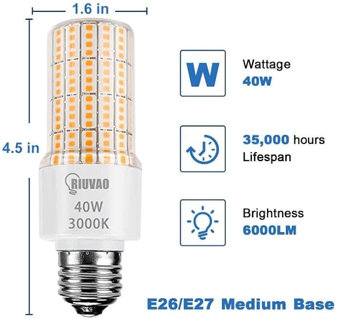 Led corn Light Bulbs 300W Equivalent Super Bright 5000Lm 3000K Warm White led Light Bulb E26/E27 Medium Base 40w Waterproof Led Bulb for Outdoor Indoor Lamp Bedroom Office Garage Warehouse-2 Pack.