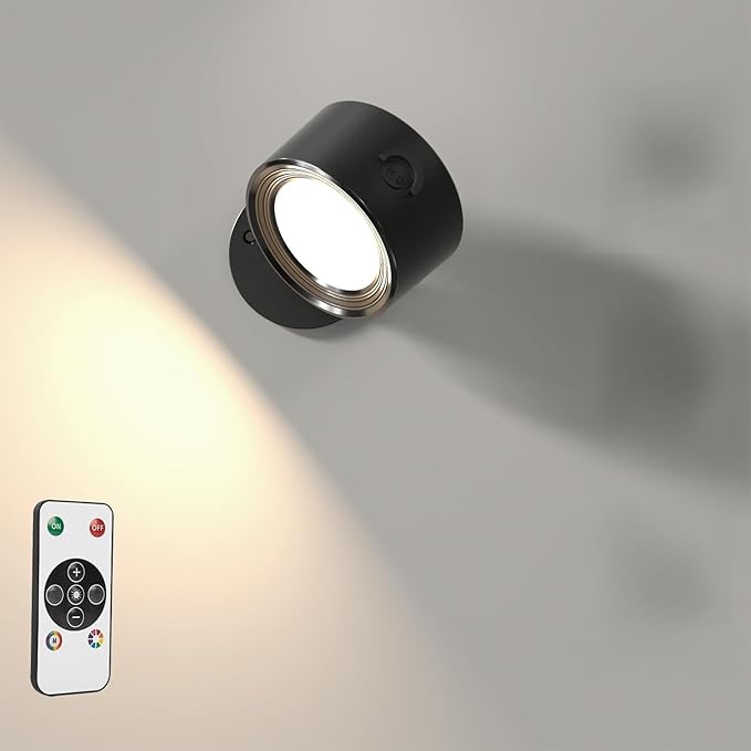 LED Wall Lights with Remote, 1 Pack RGB Rechargeable Wall Mounted Reading Sconces Lamp 3000mAh, 3 Colors & Dimmable Magnetic 360° Rotation Cordless Wall Lighting Spotlights for Bedroom Bedside Hallway