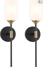 Industrial Mid Century Wall Sconce Set of 2 with White Cylinder Glass Shades Modern Bathroom Vanity Wall Lamp Black and Gold Finished Wall Light Fixture