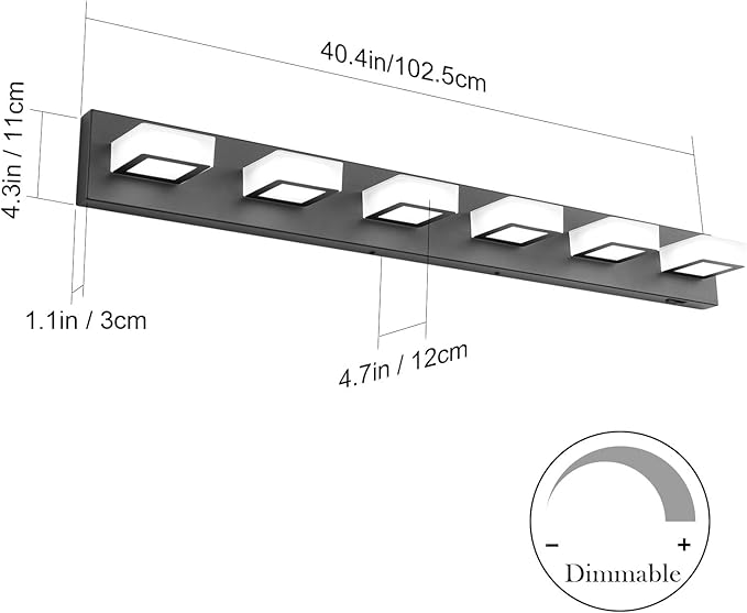 Ralbay 6 Lights Black Bathroom Lights Fixtures 40.4inch Dimmable 5 Color Temperature Black Acrylic Modern Matte Black Vanity Light for Bathroom