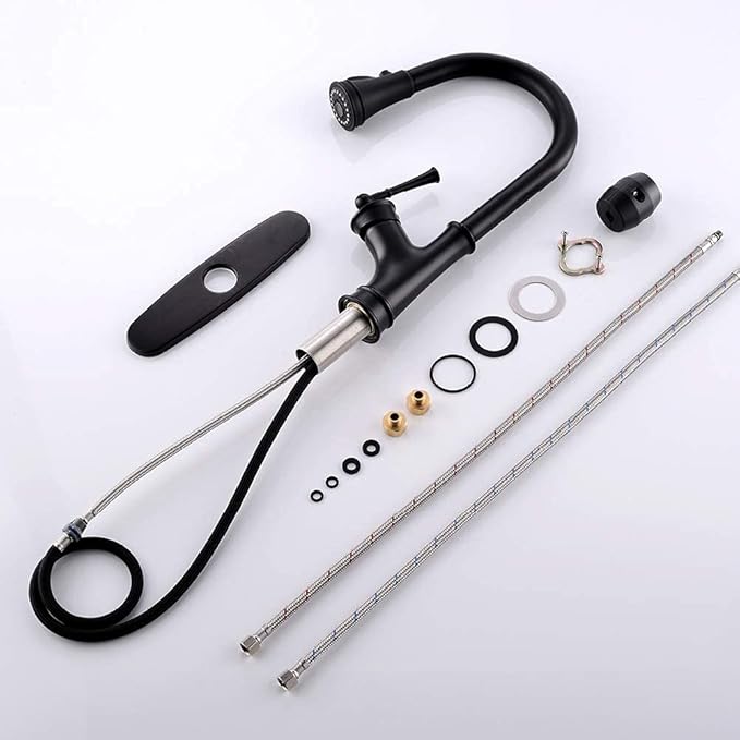 APPASO Black Kitchen Faucet with Pull Down Sprayer Head - Single Handle High Arc Single Hole Pull Out Kitchen Sink Faucets with Deck Plate, Matte Black