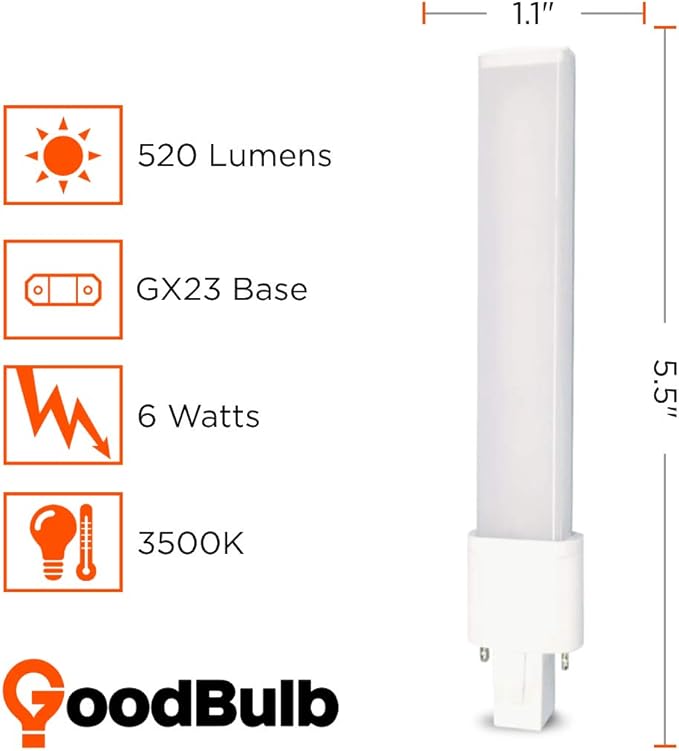 GoodBulb 9 Watt Replacement Horizontal LED Plug-in Light Bulbs | Commercial 6 Watt Hybrid 2 Pin GX23 Base 3500K Neutral White | High Output 520 Lumens | 120° Beam LED PL Light Bulbs | 10 Pack