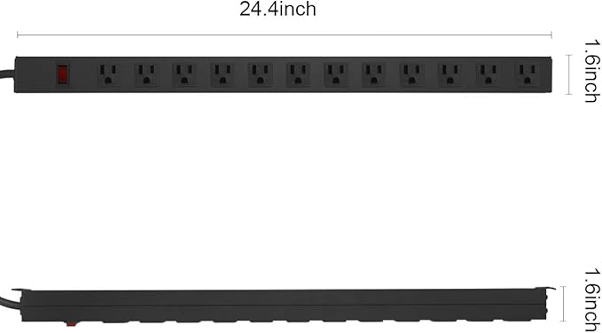 Metal Wall Mount Power Strip, Mountable Power Outlet with 12 AC Outlets, Aluminum Alloy Mount Power Socket with Switch, 6 FT SJT 3/C 14AWG Power Cord, 15A 125V 1875W (12AC) Black