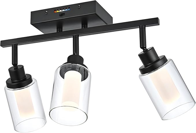 3-Light LED Black Track Lighting Fixtures, 5-Color Temperature Ceiling Spotlight Bathroom Vanity Wall Lighting with Integrated LED Chips & Clear Glass Shade & Frosted Column