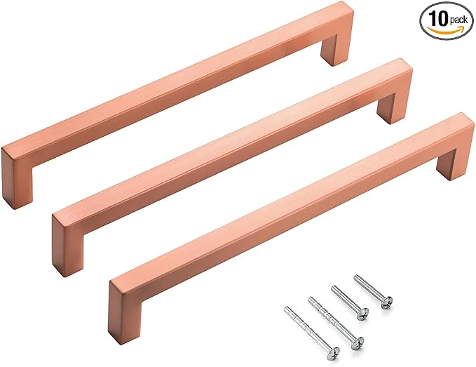 10 Pack Cabinet Handles 8 Inch Brushed Copper Square Cabinet Pulls Copper Dresser Drawer Handles Modern Stainless Steel Kitchen Cabinet Hardware Cupboard Handles