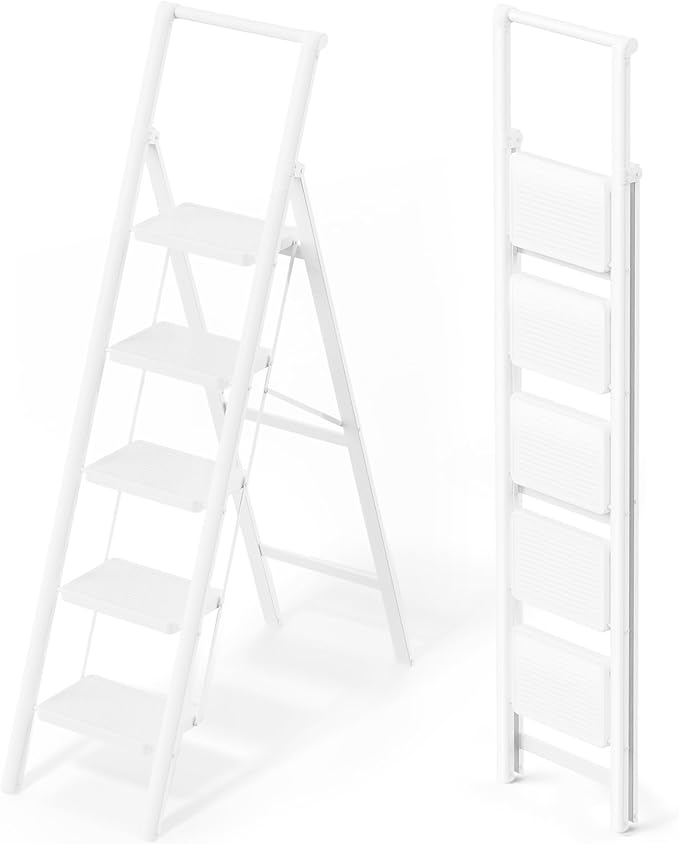 WOA WOA 5 Step Ladder, Foldable Ladder with Wide Pedals and Handle, Sturdy Ladders for Home and Kitchen with Anti-Slip Feet, Supports up to 330 lbs - White