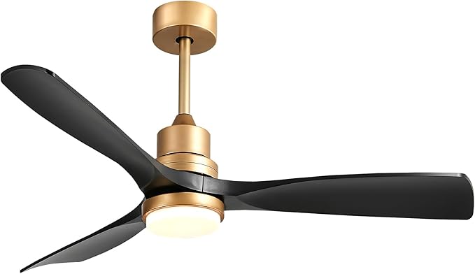 52" Modern Black and Gold Ceiling Fan with Lights and Remote, ETL Listed, 3 Downrods, 3 Wood Blade Gold Black Ceiling Fans, Reversible Quiet DC Motor, 3 Timer for Outdoor Patio Waterproof Bedroom