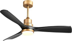 52" Modern Black and Gold Ceiling Fan with Lights and Remote, ETL Listed, 3 Downrods, 3 Wood Blade Gold Black Ceiling Fans, Reversible Quiet DC Motor, 3 Timer for Outdoor Patio Waterproof Bedroom