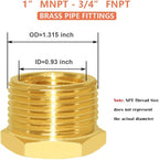 Hooshing 2PCS 1" NPT Male to 3/4" NPT Female Brass Reducer Hex Bushing Threaded Pipe Fitting Adapter