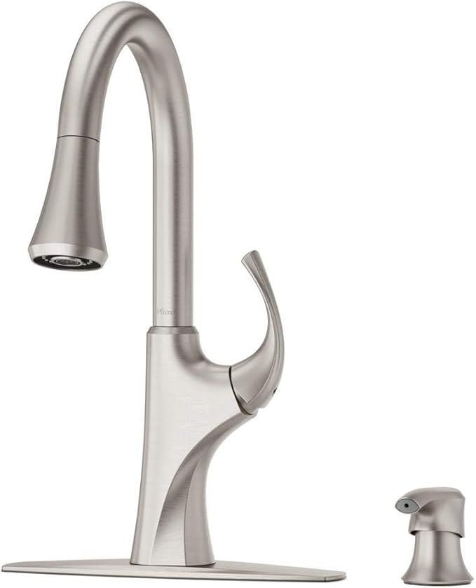 Pfister Miri Kitchen Faucet with Pull Down Sprayer and Soap Dispenser, Single Handle, High Arc, Spot Defense Stainless Steel Finish, F5297MRGS