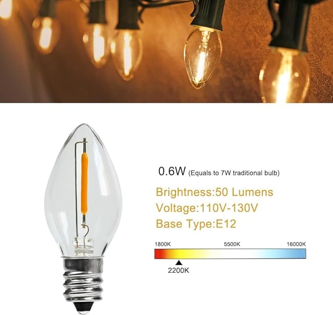 KGC 25Pack C7 LED Christmas Light Bulb, E12 Base LED Bulbs, 0.6W 2200K Warm White 50LM, Clear Plastic Night Lights C7 Replacement Bulbs for Christmas String Lights.