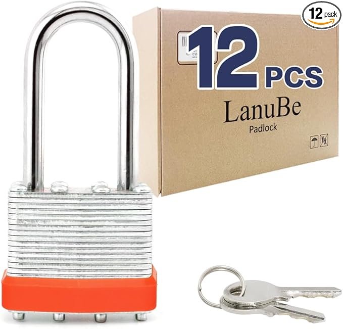LanuBe Lock Laminated keyed Padlock (1-9/16", 40mm), keyed Alike Locks, Long Shackle,Marked Orange Plastic Hoop, Pack of 12