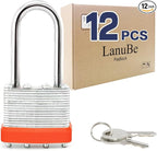 LanuBe Lock Laminated keyed Padlock (1-9/16", 40mm), keyed Alike Locks, Long Shackle,Marked Orange Plastic Hoop, Pack of 12