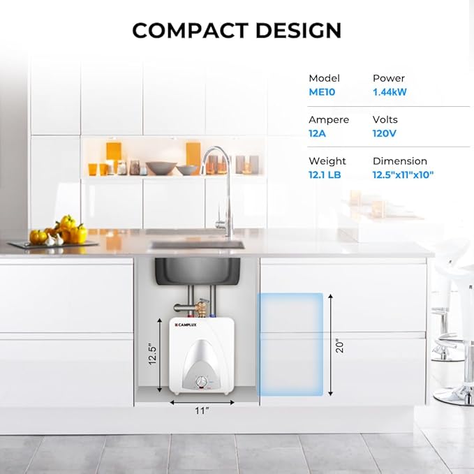 CAMPLUX Electric Small Hot Water Heater, 1.3 Gallon Point of Use Hot Water Heaters 120V 1440W, Under Sink, Wall or Floor Mounted, Easy to Install