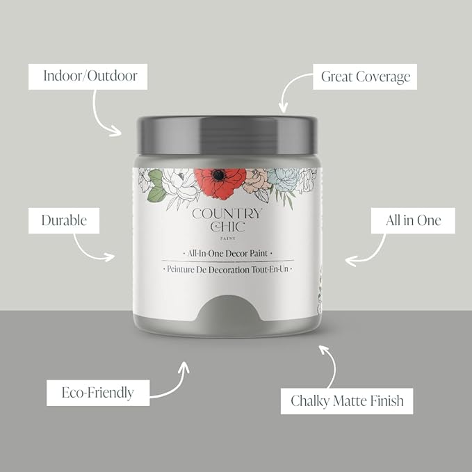 Country Chic All-in-One Chalk Paint for Furniture, Cabinets, Home Decor, Eco-Friendly, Matte Finish, Built-In Primer & Top Coat for Wood, Metal - Pebble Beach (Grey) - Pint 16 oz (475 ml)