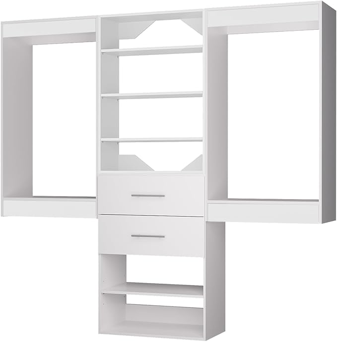 ROOMTEC Modular Closet System, 66" Wall Mounted Closet Organizer with Hanging Rods and Drawers, Wooden Tower for Walk-In Closets, Wardrobe Storage Kit, White