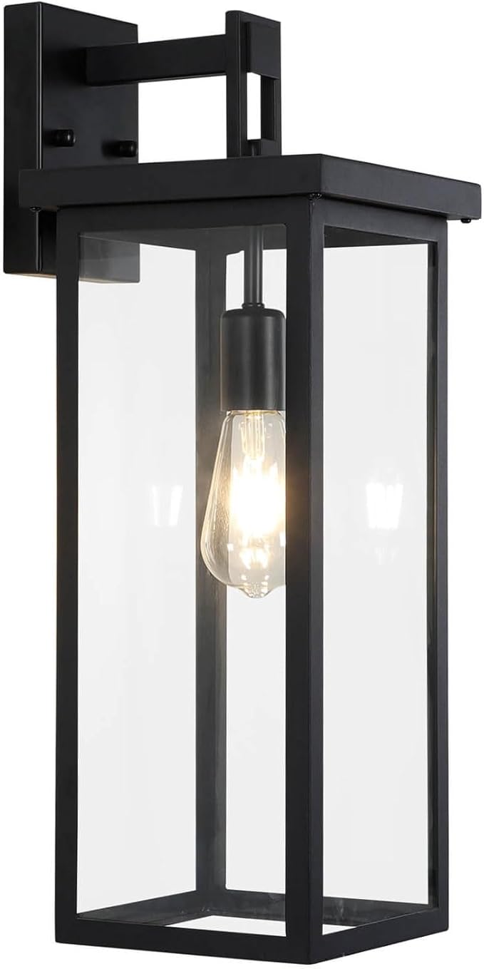 tewei Large Size Outdoor Wall Lantern Exterior Wall Light Fixture, Matte Black Porch Light Waterproof Outdoor Lights for House with Clear Glass Shade, E26 Base Wall Sconces for Garage (1 Pack)