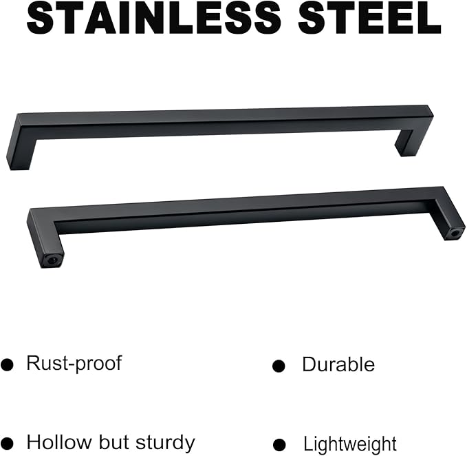 10 Pack Black Kitchen Cabinet Handles 10 Inch Matt Black Stainless Steel Square Cabinet Pulls Furniture Dresser Wardrobe Handles Modern Cabinet Hardware