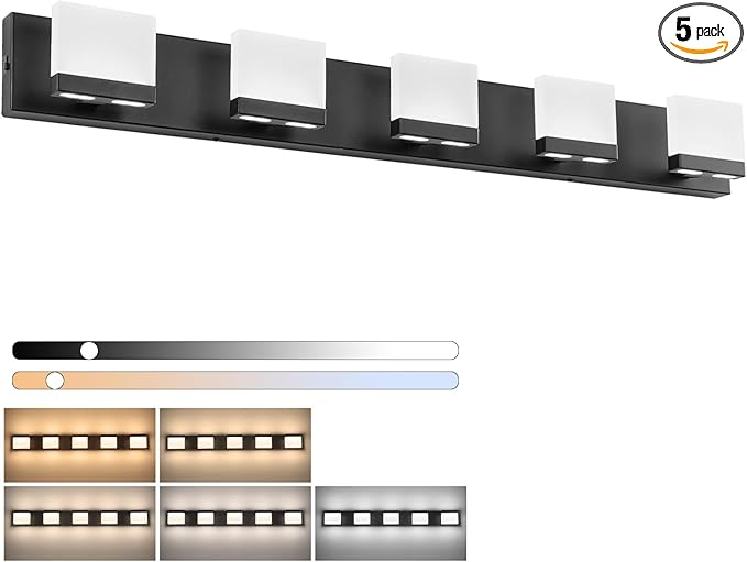 SineRise LED Modern Bathroom Vanity Light Fixtures (5-Light, 40-Inch, 5CCT), Matte Black Modern Acrylic Bathroom Wall Lighting Fixtures Over Mirror (3000K/3500K/4000K/5000K/6000K)