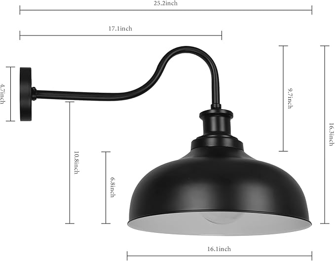 Outdoor Gooseneck Barn Light,16 Inch Dome Outdoor Wall Sconce Farmhouse Exterior Wall Mount Light Vintage Wall Lighting Fixture Industrial Black Wall Lantern for Porch, Entryway, Garage, 3 Pack