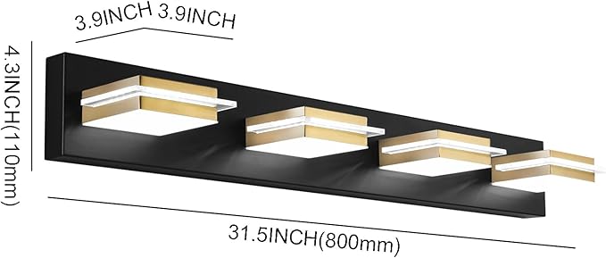 Black Vanity Light Fixture LED Dimmable Bathroom Lighting Fixture 4 Lights Bath Wall Sconces with Golden Metal Lampshade,White Light 3000K-6000K,3 Color