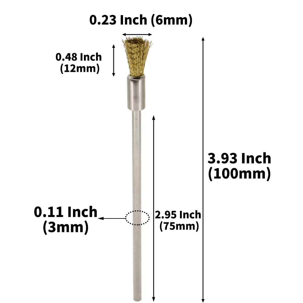 20PCS Brass Wire Brushes with Extended Handle - Metal Rust Removal, Polishing, Cleaning - 6mm Diameter, 1/8″ (3mm) Shaft, 100mm Length - Removes Burrs, Dust, and Oxide Layer - Rotary Tool Accessories