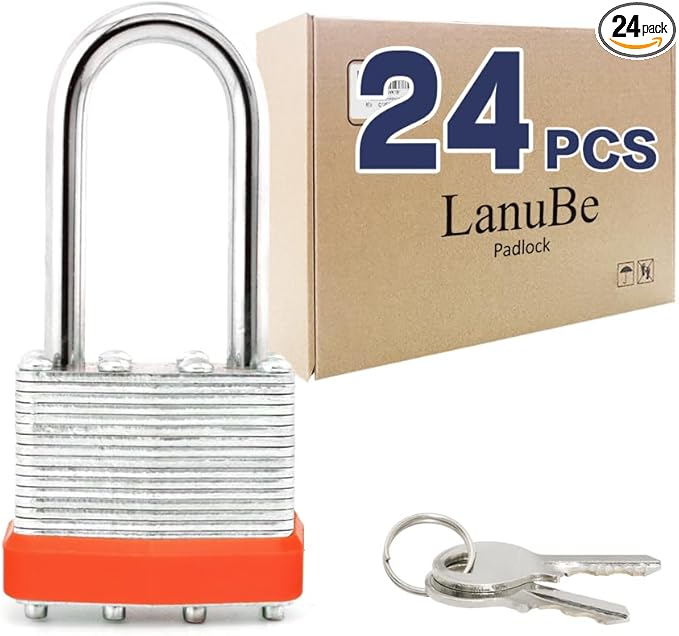 LanuBe Lock Laminated keyed Padlock (1-9/16", 40mm), keyed Alike Locks, Long Shackle,Marked Orange Plastic Hoop, Pack of 24